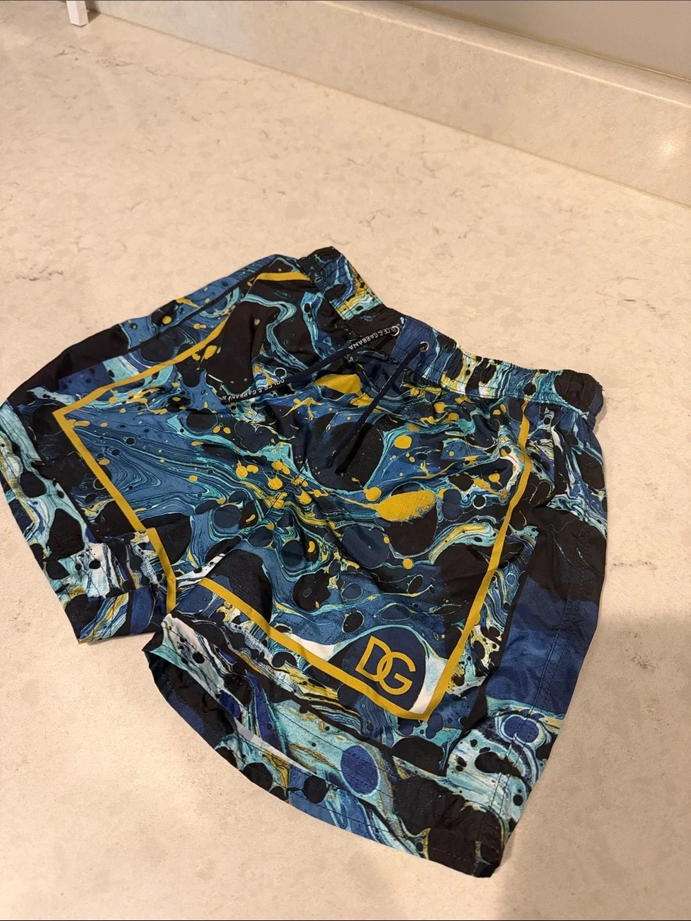 Dolce & Gabbana Marble-Print Kids Shorts with Yellow Trim